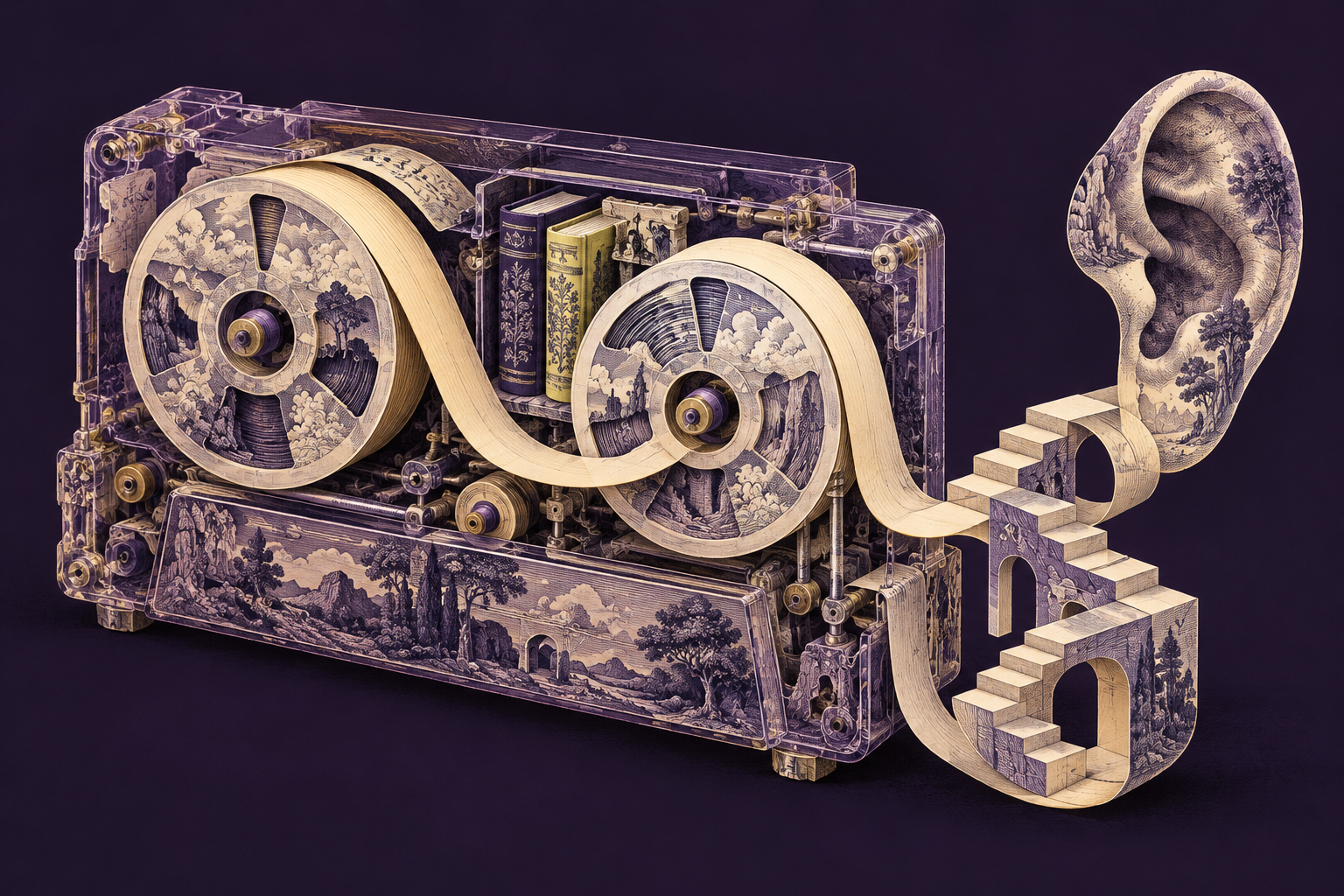 A surreal lavender cassette recorder unspooling paper into an impossible staircase and an engraved ear