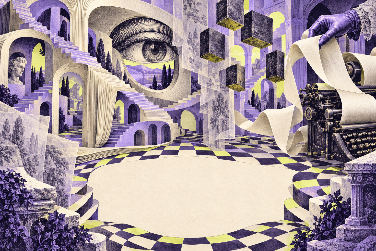 An intricate lavender paper archive with a sculptural open book, impossible stairs, an engraved eye, and a typewriter